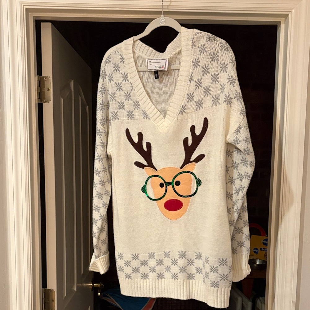 H&M Cream V-Neck Sweater with Reindeer Design